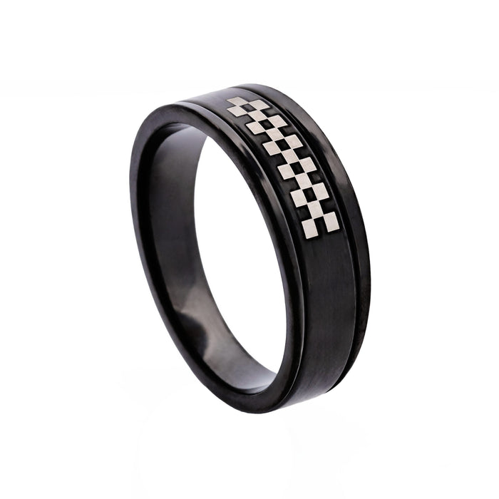Ion Plated Black Stainless Steel Ring with Check Pattern