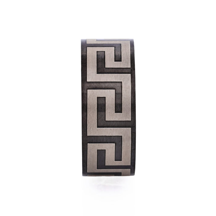 Ion Plated Black Stainless Steel Ring with Frosted Greek Key Pattern