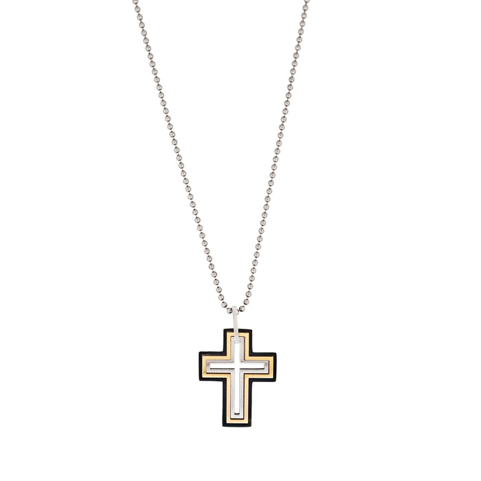 Ion Plated Gold & Black Stainless Steel Cut -Out Cross Pendant on Ball Chain