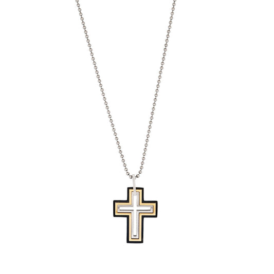 Ion Plated Gold & Black Stainless Steel Cut -Out Cross Pendant on Ball Chain