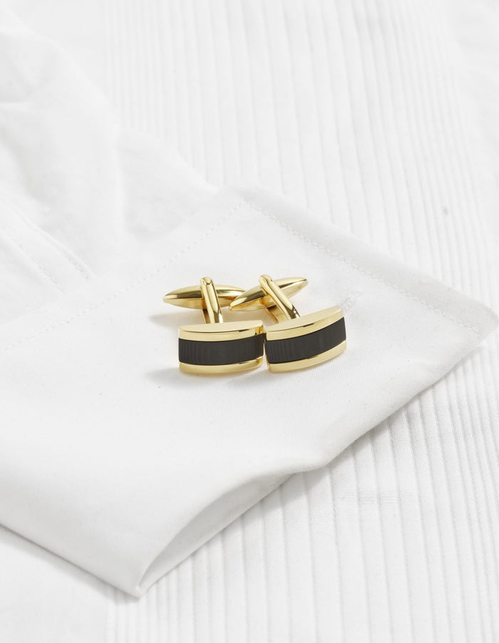 Ion Plated Polished Yellow Gold Cufflinks with Wood Patterned Carbon Fibre Inlay