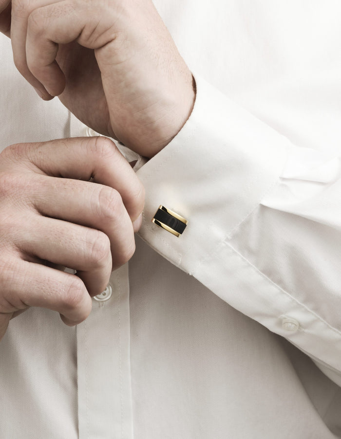 Ion Plated Polished Yellow Gold Cufflinks with Wood Patterned Carbon Fibre Inlay
