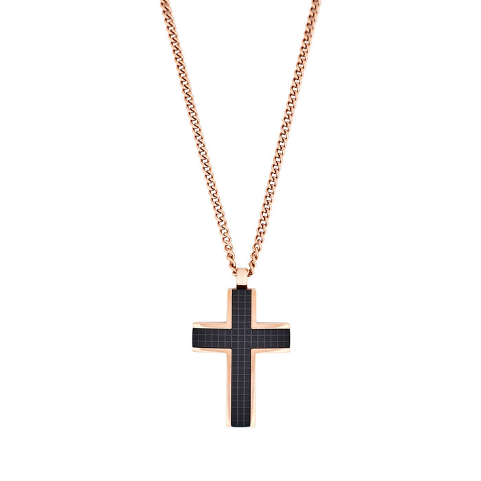 Ion Plated Rose Gold & Black Chequered Inlay Cross OnIon Plated Rose Gold Curbed Link Chain