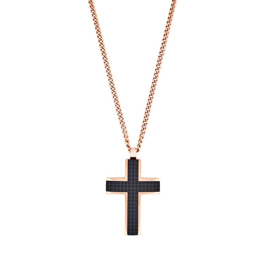 Ion Plated Rose Gold & Black Chequered Inlay Cross OnIon Plated Rose Gold Curbed Link Chain