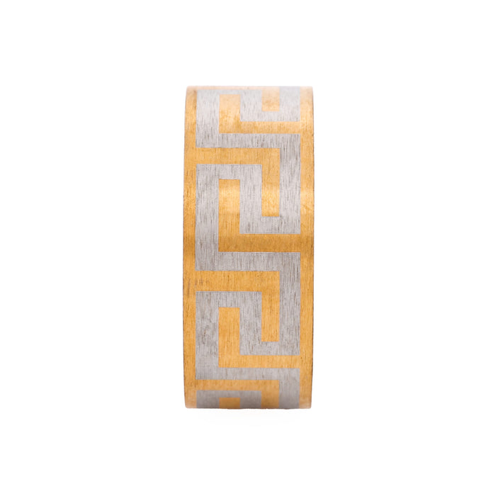 Ion Plated Yellow Gold Stainless Steel Ring with Frosted Greek Key Pattern