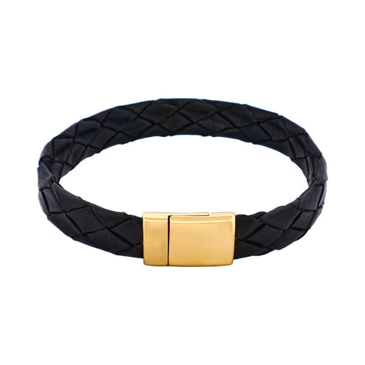 Ip14k Gold Stainless Steel & Black Calf Leather Bracelet
