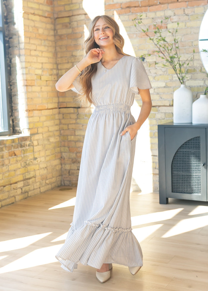 Isabella Blue Stripes V Neck Maxi Dress IC Dresses