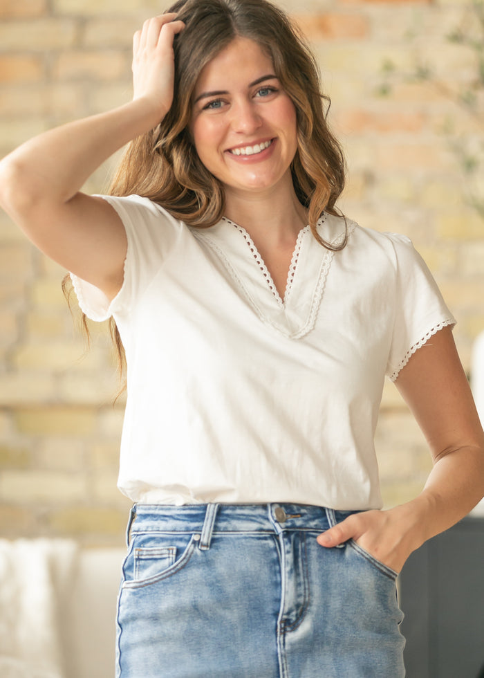 Scalloped Detail V Neck Top FF Tops