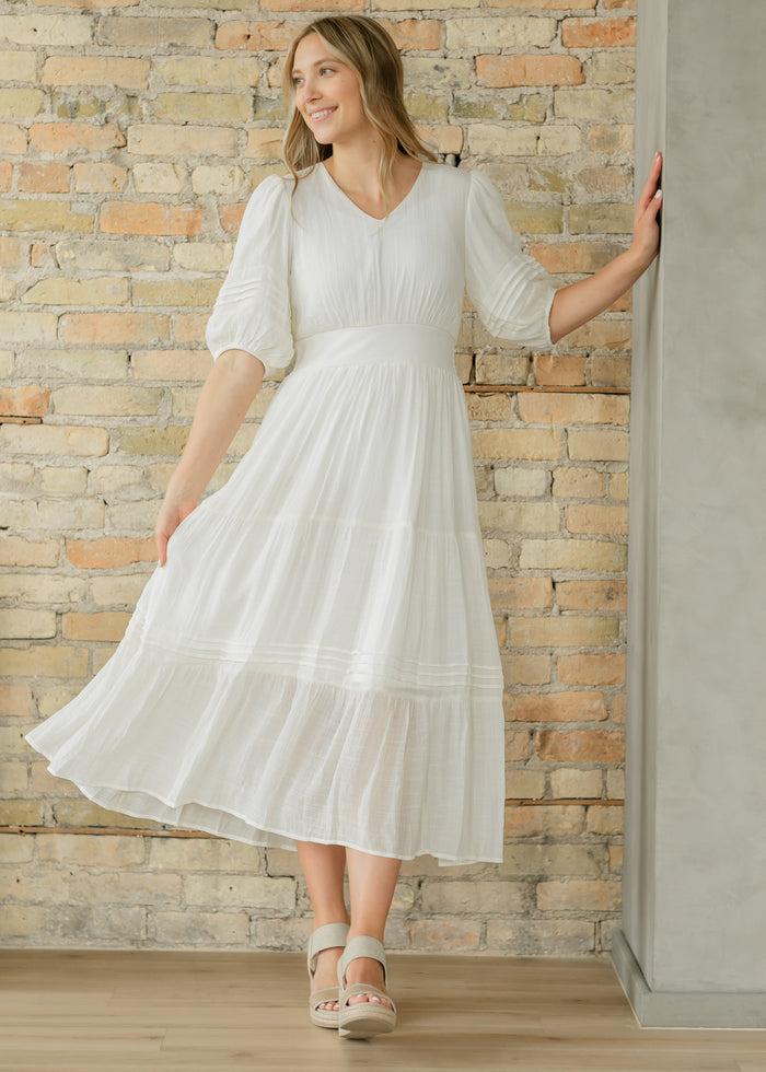 Ivory V-neck Tiered Maxi Dress FF Dresses