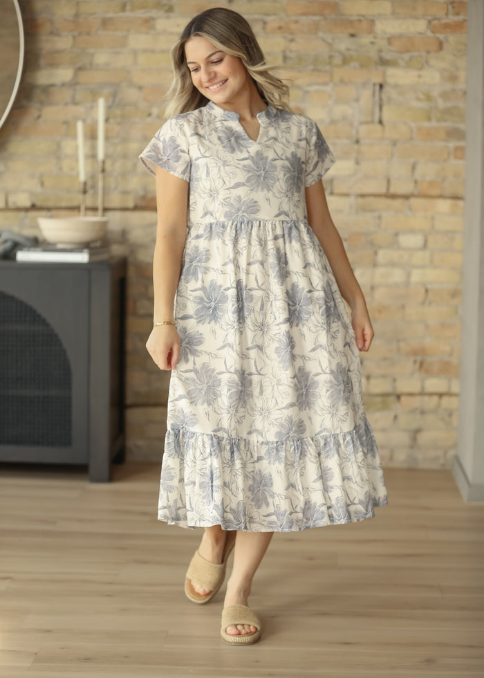 Jaydrien Blue Floral Short Sleeve Midi Dress IC Dresses