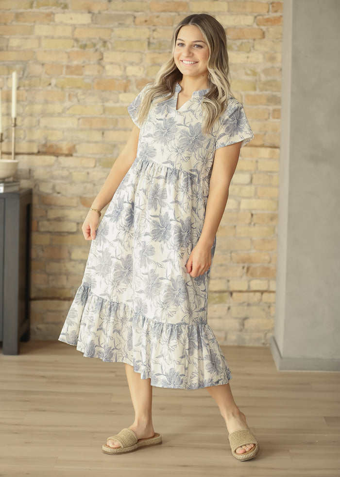 Jaydrien Blue Floral Short Sleeve Midi Dress IC Dresses