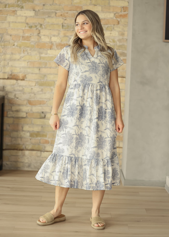 Jaydrien Blue Floral Short Sleeve Midi Dress IC Dresses