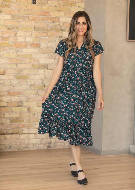 Jaydrien Green Floral Short Sleeve Midi Dress IC Dresses