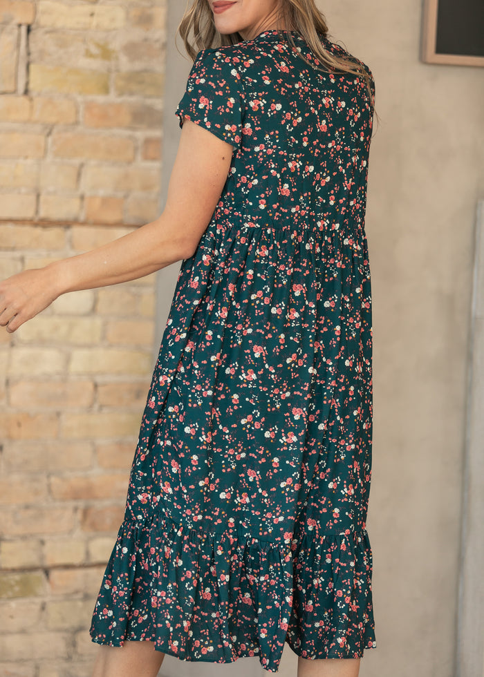 Jaydrien Green Floral Short Sleeve Midi Dress IC Dresses