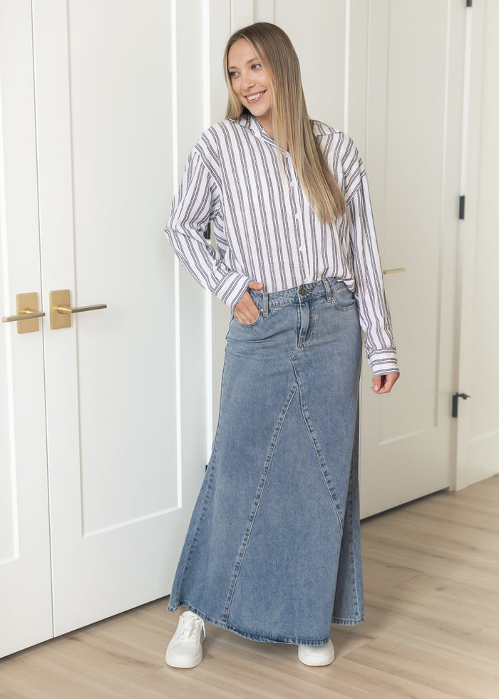 Jennifer Medium Wash A-Line Long Denim Skirt IC Skirts