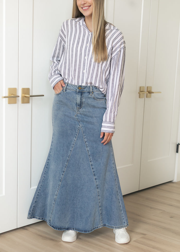 Jennifer Medium Wash A-Line Long Denim Skirt IC Skirts