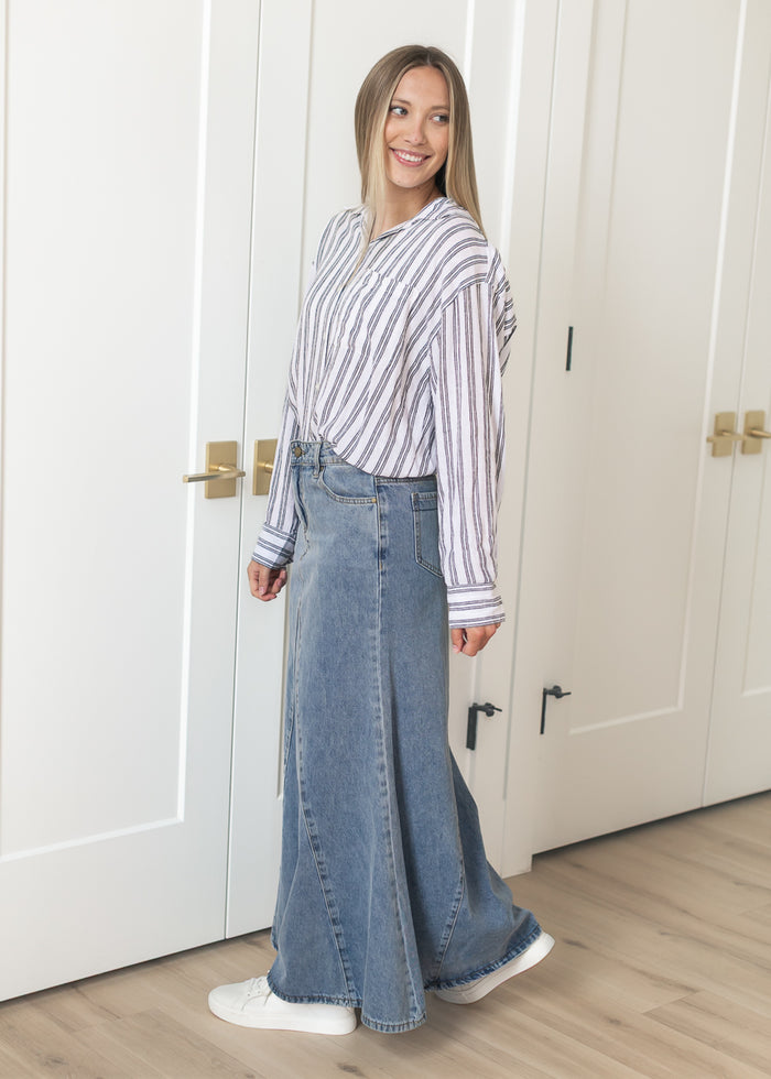 Jennifer Medium Wash A-Line Long Denim Skirt IC Skirts