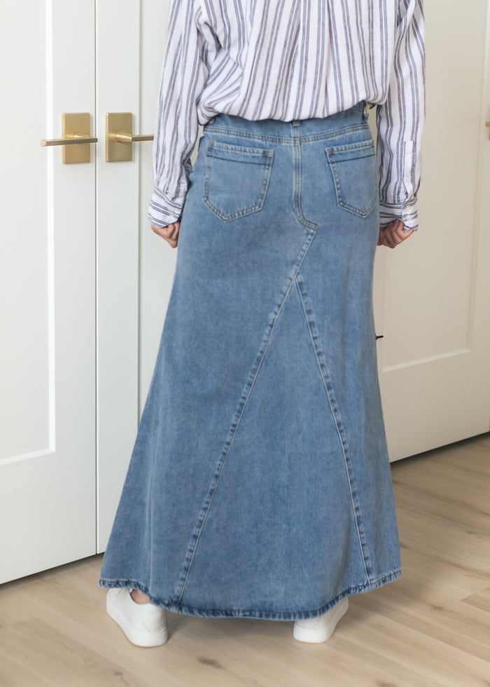 Jennifer Medium Wash A-Line Long Denim Skirt IC Skirts