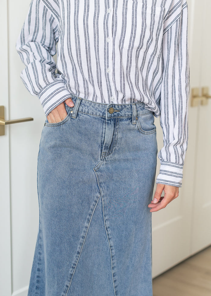 Jennifer Medium Wash A-Line Long Denim Skirt IC Skirts