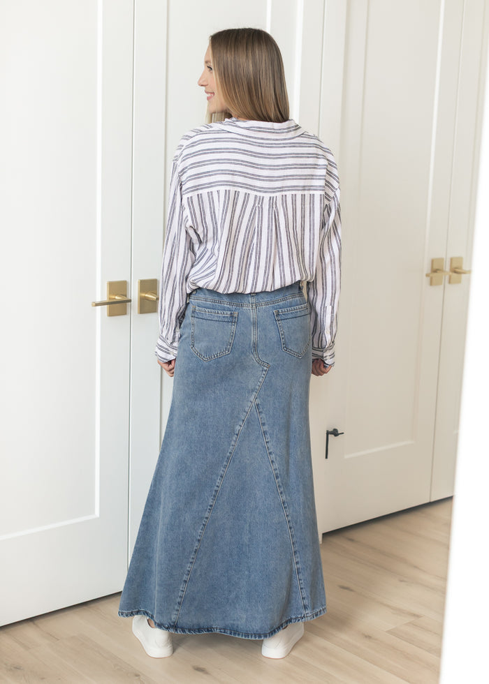 Jennifer Medium Wash A-Line Long Denim Skirt IC Skirts