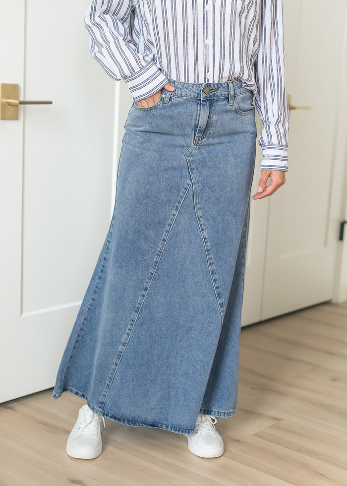 Jennifer Medium Wash A-Line Long Denim Skirt IC Skirts