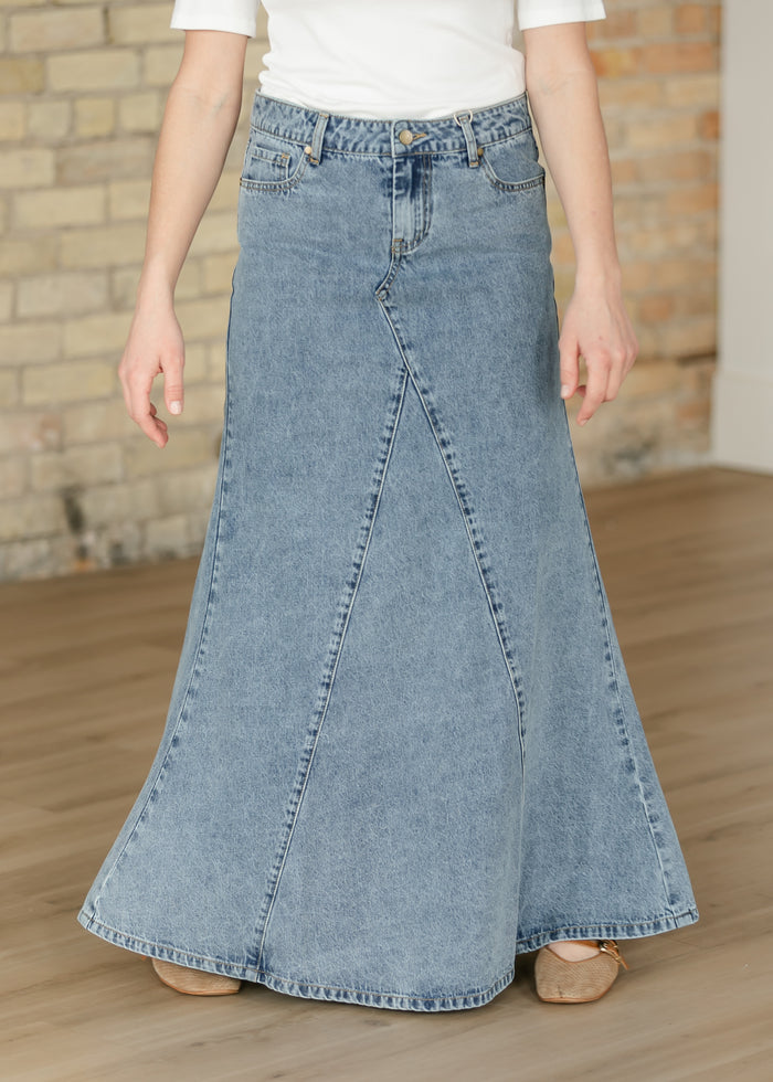 Jennifer Medium Wash A-Line Long Denim Skirt IC Skirts