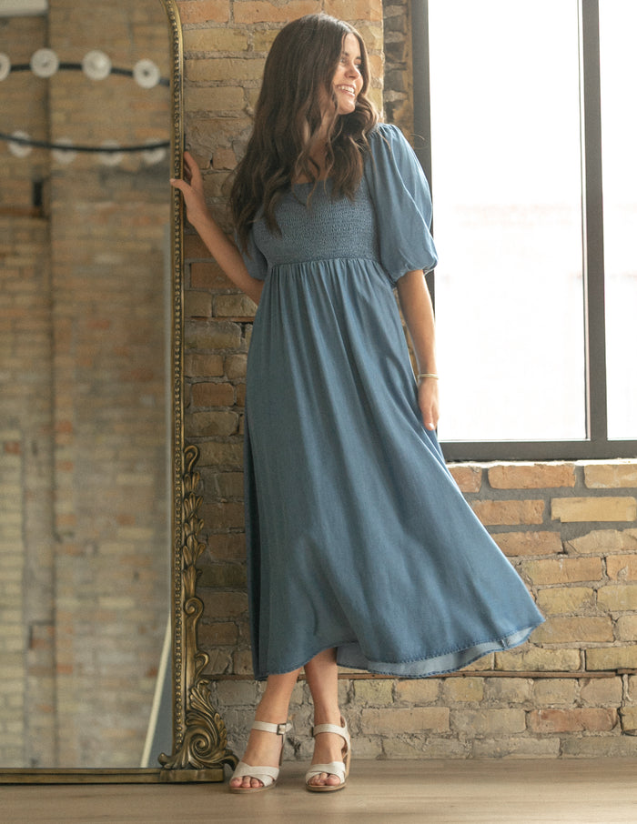 Kayleen Chambray Smocked Bodice Maxi Dress IC Dresses