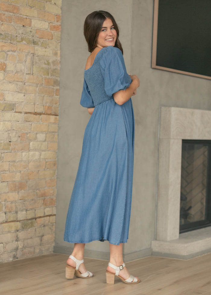 Kayleen Chambray Smocked Bodice Maxi Dress IC Dresses