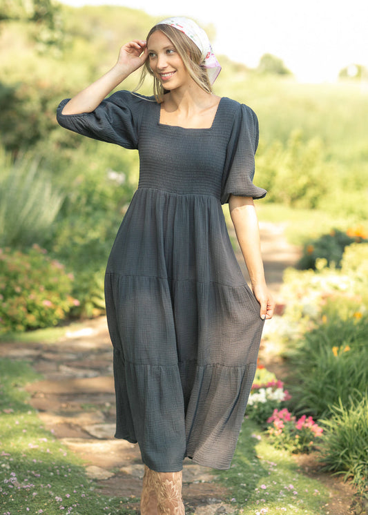 Kayleen Dusty Navy Smocked Bodice Gauze Dress IC Dresses