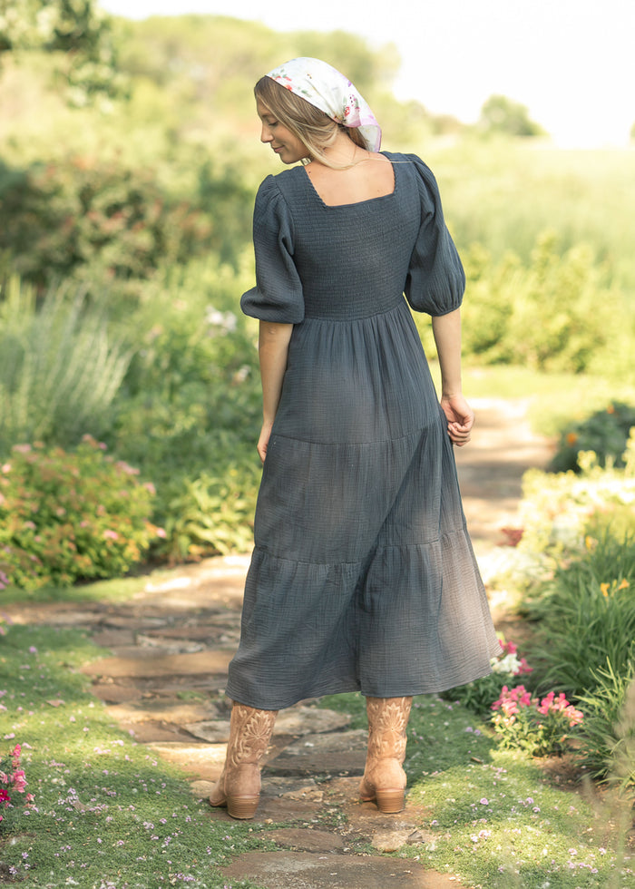 Kayleen Dusty Navy Smocked Bodice Gauze Dress IC Dresses