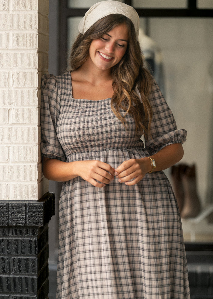 Kayleen Ivory Plaid Smocked Bodice Maxi Dress IC Dresses