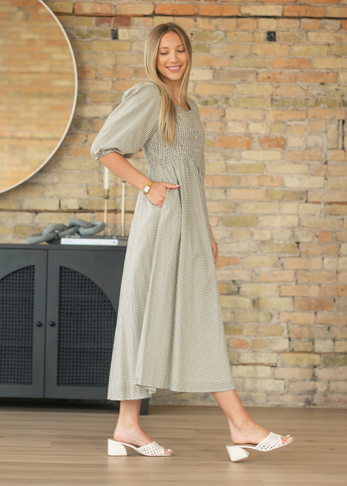 Kayleen Olive Gingham Smocked Bodice Maxi Dress IC Dresses
