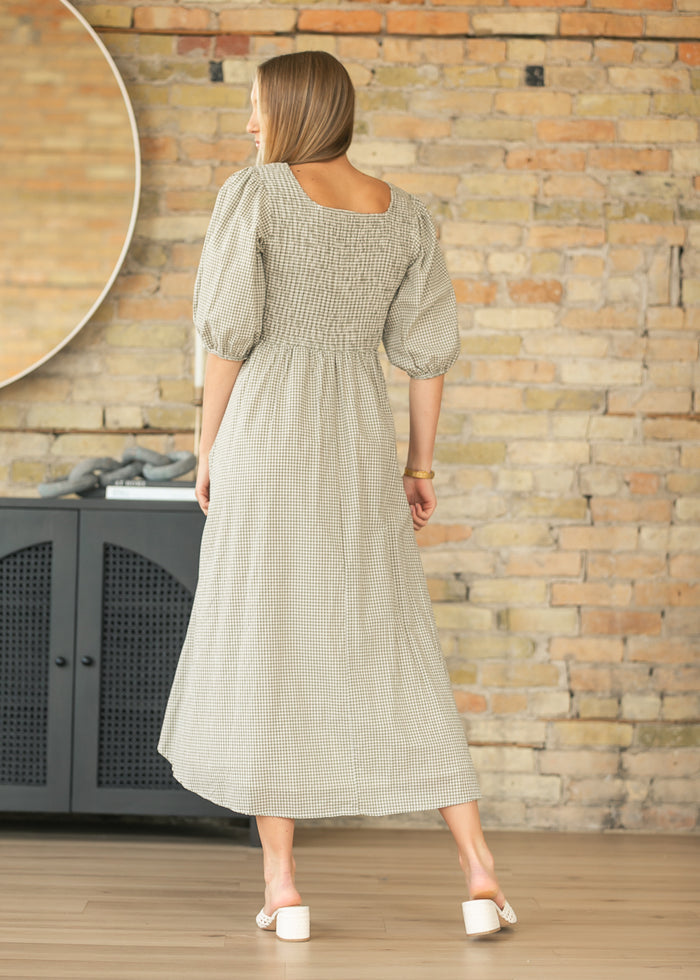 Kayleen Olive Gingham Smocked Bodice Maxi Dress IC Dresses