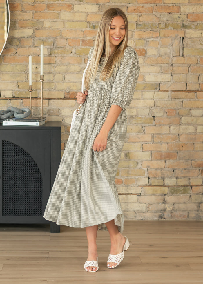 Kayleen Olive Gingham Smocked Bodice Maxi Dress IC Dresses