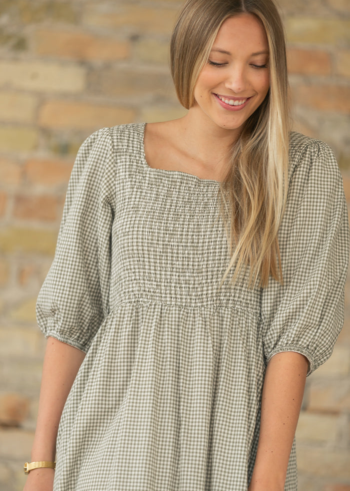 Kayleen Olive Gingham Smocked Bodice Maxi Dress IC Dresses