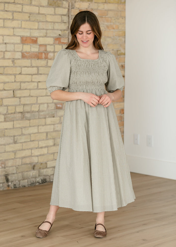 Kayleen Olive Gingham Smocked Bodice Maxi Dress IC Dresses