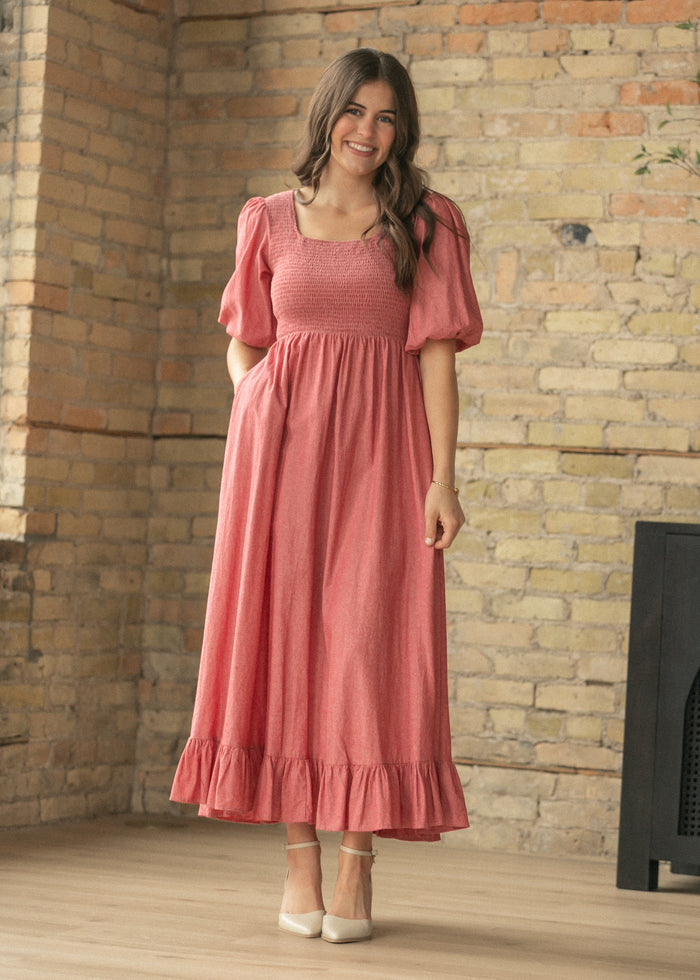 Kayleen Red Smocked Bodice Maxi Dress IC Dresses XS