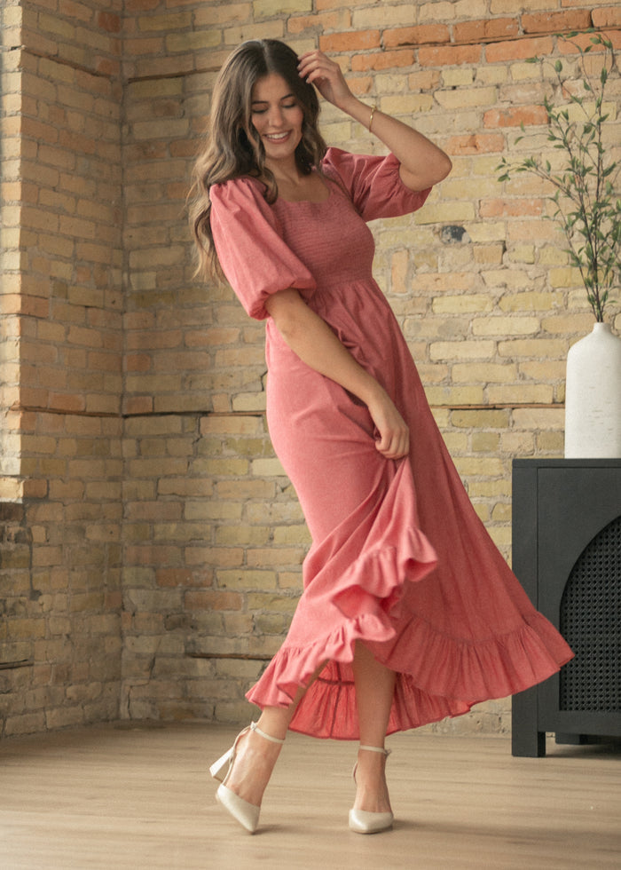 Kayleen Red Smocked Bodice Maxi Dress