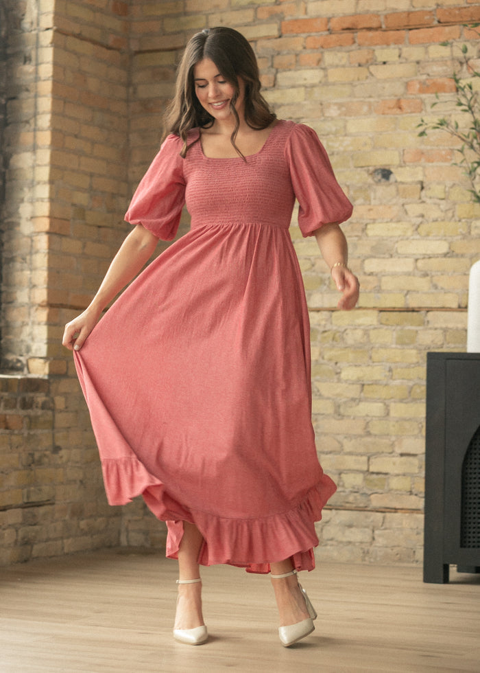 Kayleen Red Smocked Bodice Maxi Dress