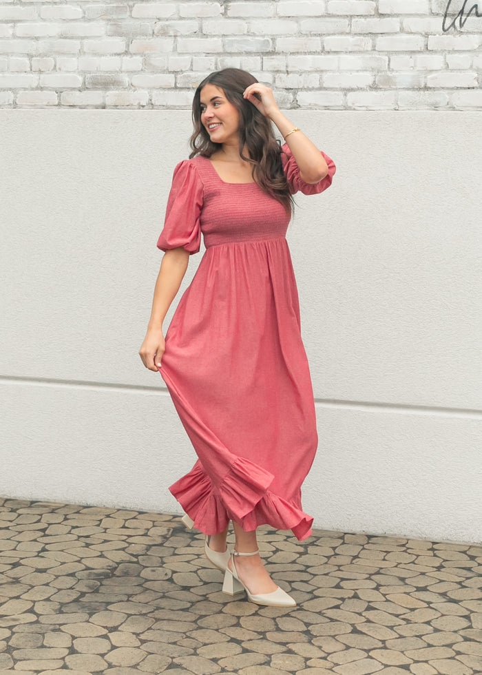 Kayleen Red Smocked Bodice Maxi Dress