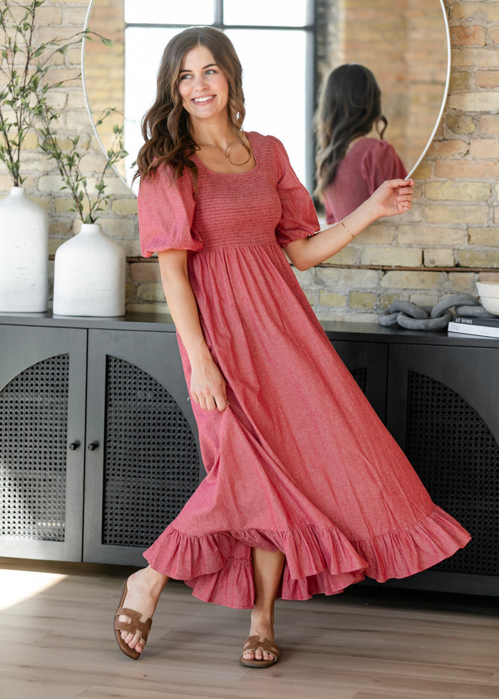 Kayleen Red Smocked Bodice Maxi Dress IC Dresses