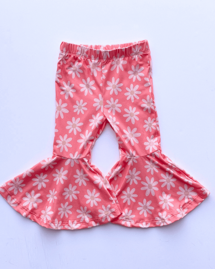 Keely Exaggerated Bell Bottoms - Coral with Flowers