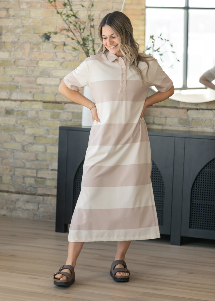 Khaki Contrast Collar Striped Maxi Dress FF Dresses