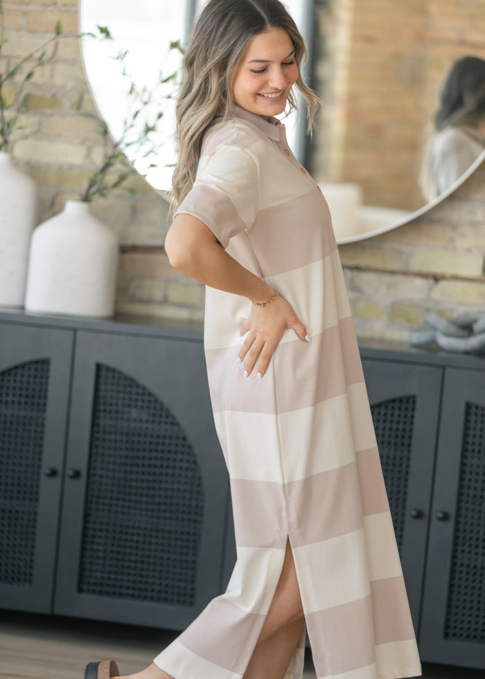 Khaki Contrast Collar Striped Maxi Dress FF Dresses
