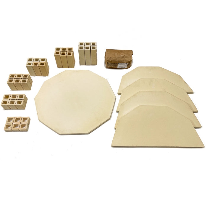 Model 234 Kiln Shelf Kit laid out: ten-sided shelf, four half shelves, six sets of kiln posts and a bag of kiln wash