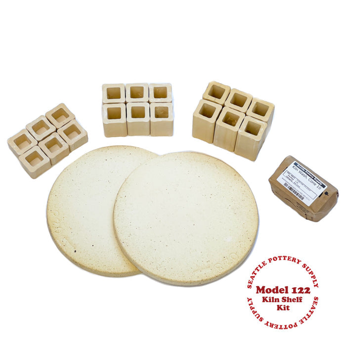 Model 122 Kiln Shelf Kit for 12 inch kilns: round shelves, three sets of kiln posts and a bag of cone 10 kiln wash