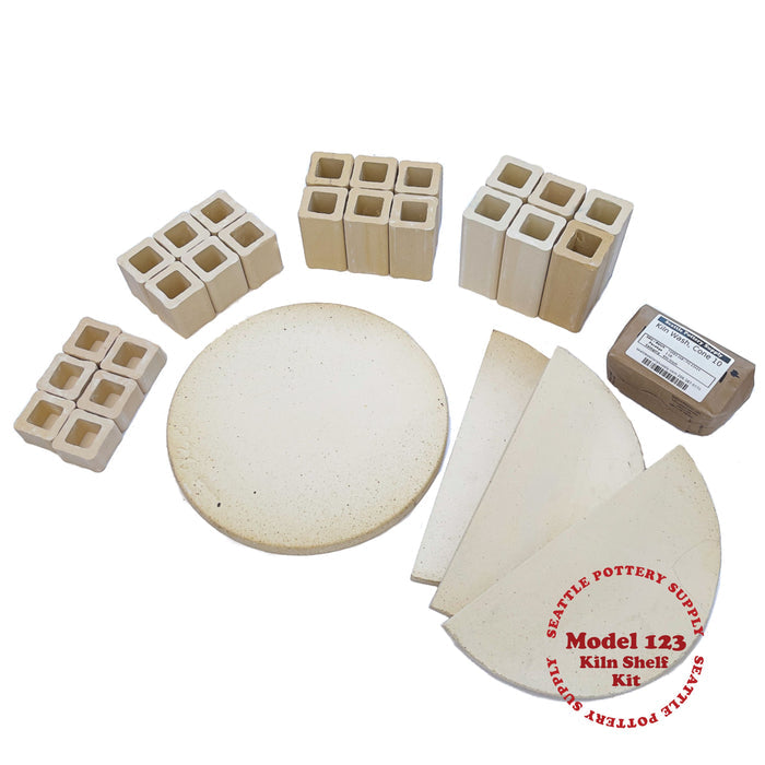 Model 123 Kiln Shelf Kit: one round shelf, semicircular half shelves, kiln posts and a bag of cone 10 kiln wash