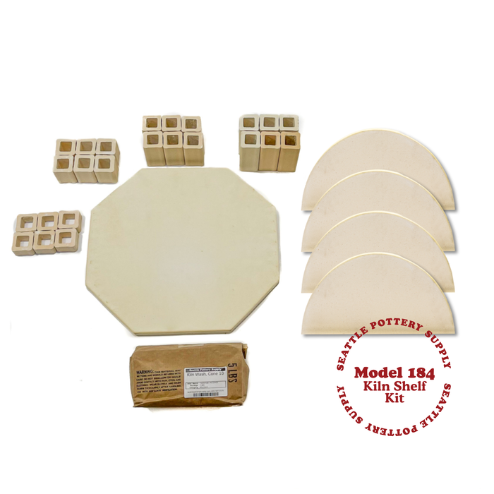 Model 184 Kiln Shelf Kit: octagonal shelf, four half-round shelves, kiln posts and a 5 lb bag of cone 10 kiln wash