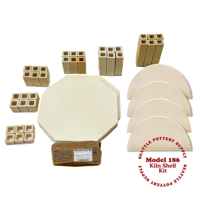 Model 186 Kiln Shelf Kit with octagonal shelves, four half-round shelves, kiln posts and 5 lb of cone 10 kiln wash