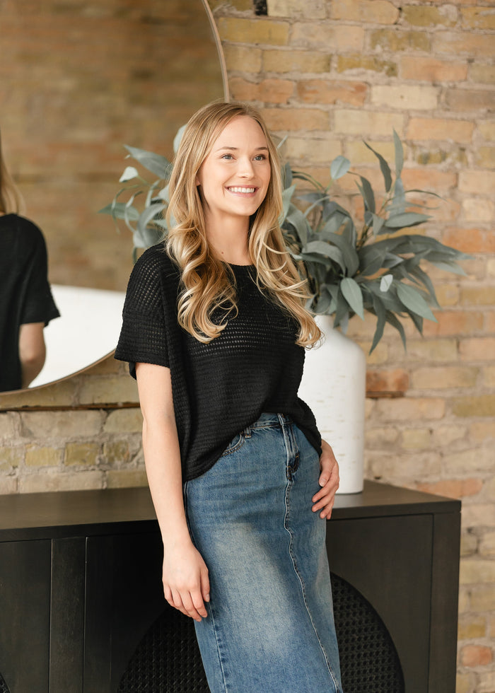 Knit Drop Shoulder Short Sleeve Top FF Tops Black / S